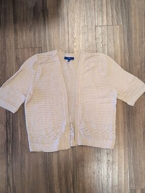 Apt. 9 Tan Short-Sleeve Open-Front Knit Cropped Cardigan Lace Trim